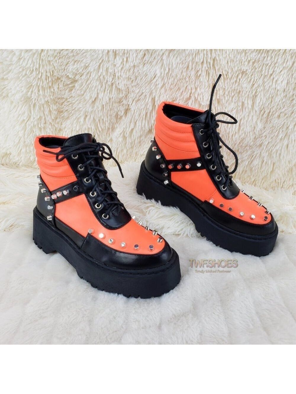 NEW Emo Punk Studded Combat Platform Sneaker Boots Orange Black
